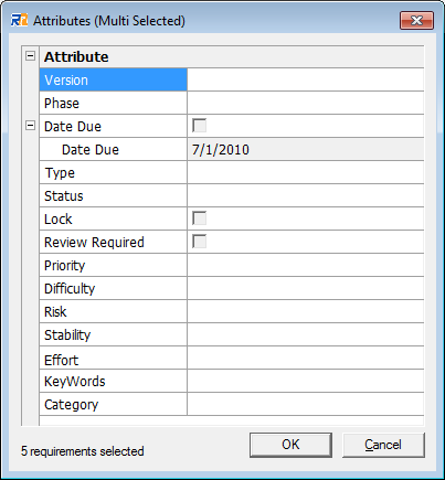 Figure 1-2 Attributes edition screen of multiple requirements