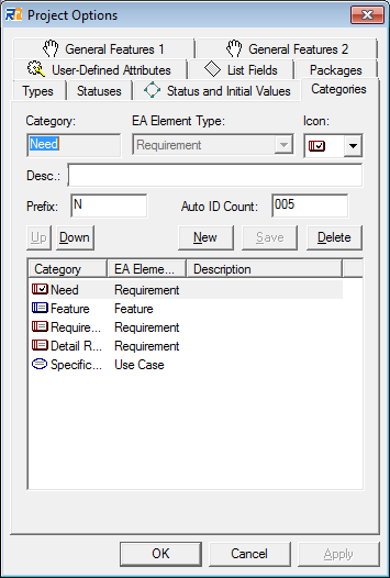 Figure 1-1 Requirement Category setting screen